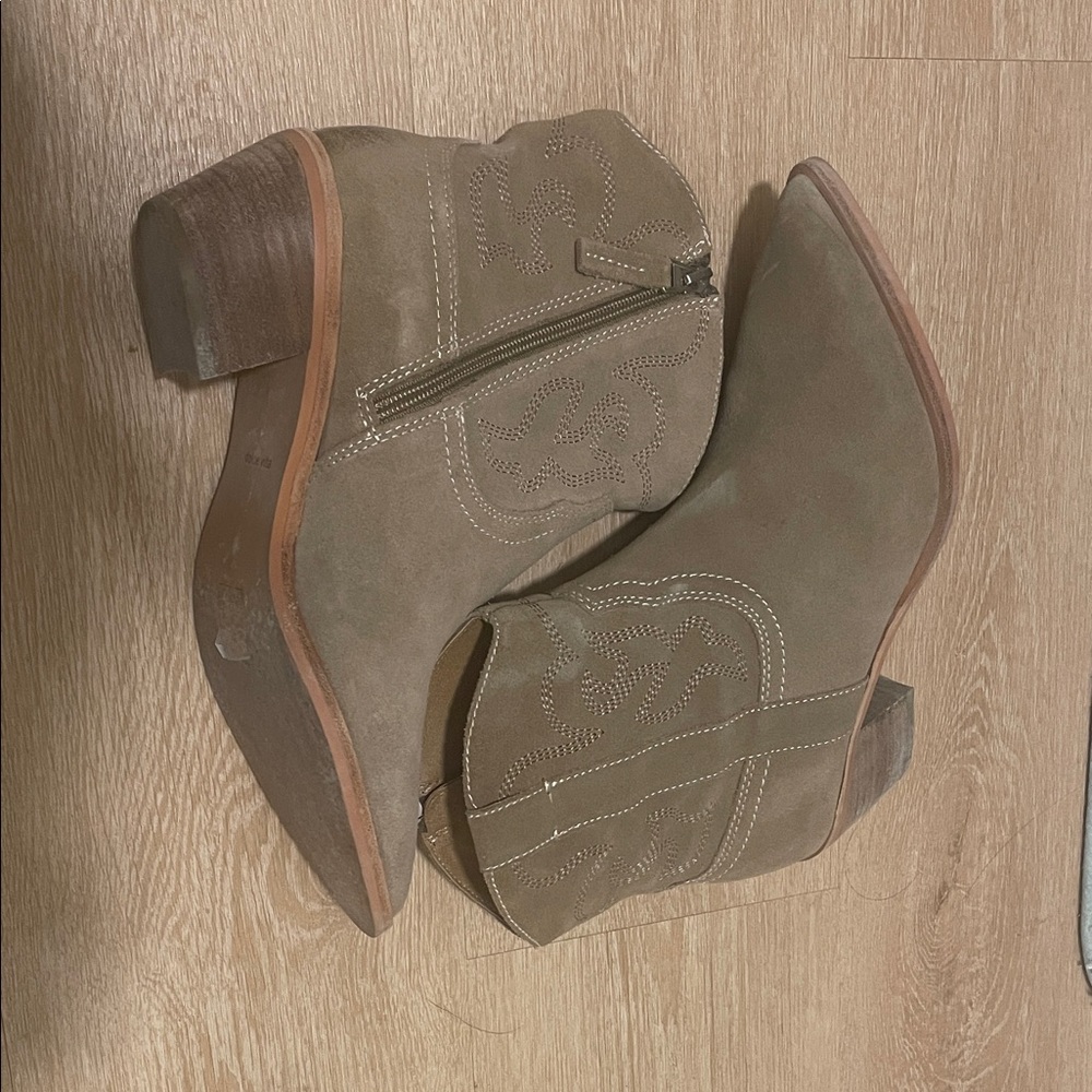 Tan Suede Cowboy Ankle Boots
